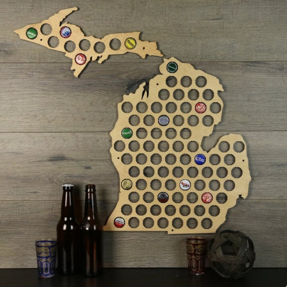 NEW Wooden Michigan Beer Cap Map,  Beer or Pop Cap Holder, Mancave wall hanging